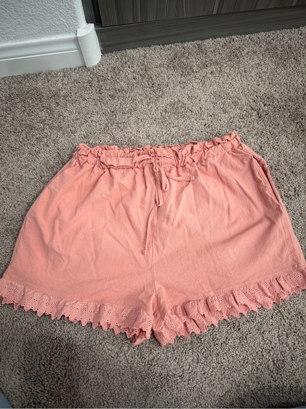 Francesca's Collections Coral Pink Ruffle-Hem Drawstring Shorts